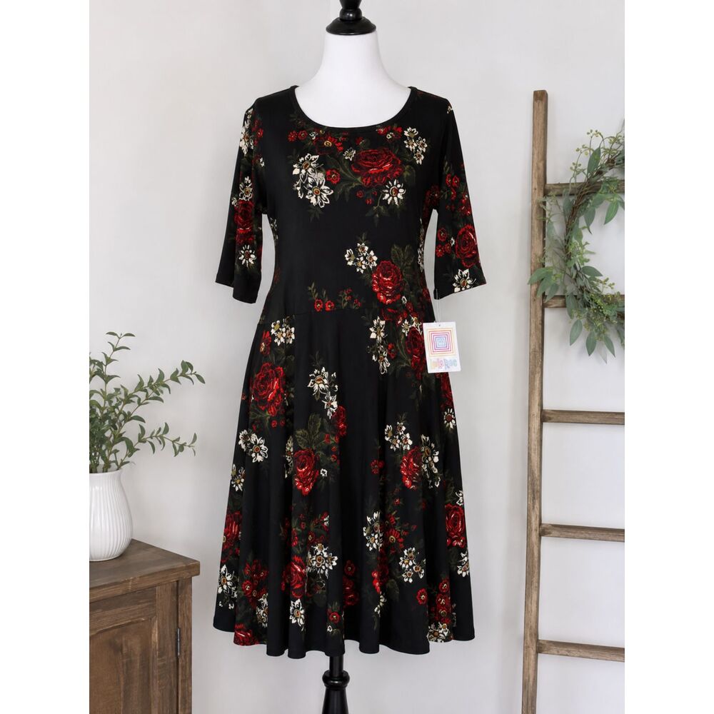 LuLaRoe Nicole Dress Women's 3XL Black Red Rose Floral Swing Pockets NWT Plus